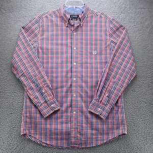 Chaps Shirt Mens Medium Blue Purple Orange Check Easy Care Stretch Casual Preppy